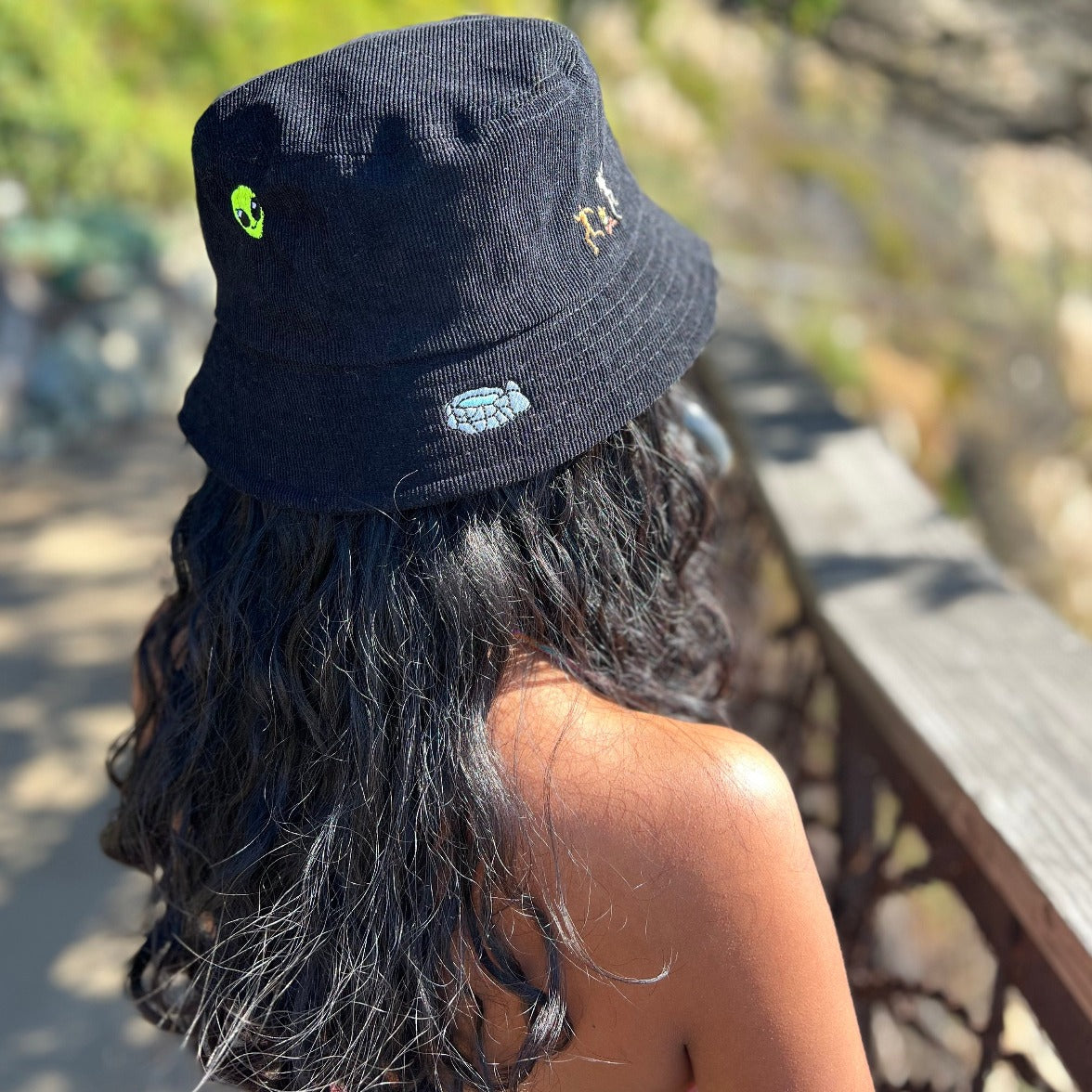 Embroidered Bucket Hat in Black by Esalen x C.Bonz