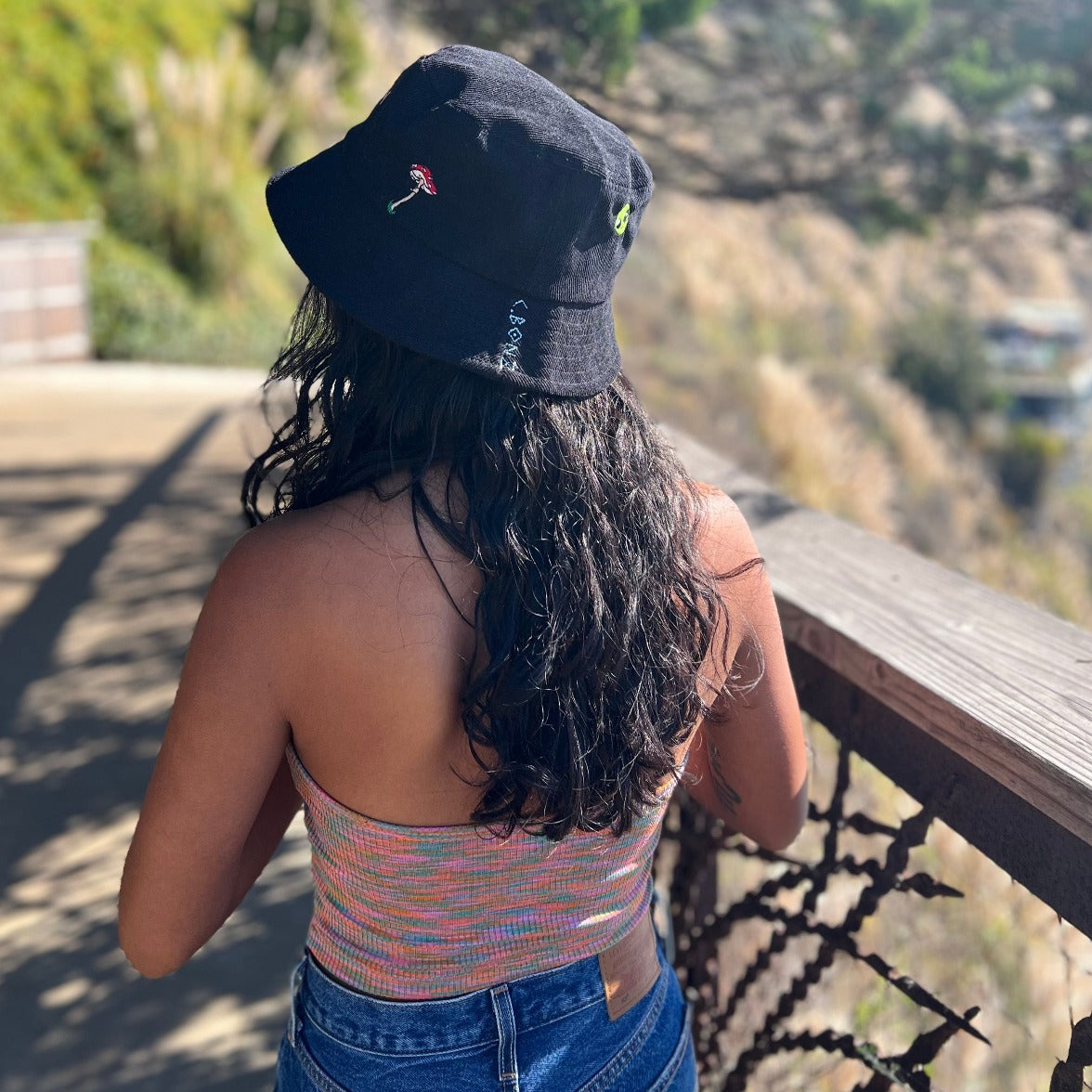 Embroidered Bucket Hat in Black by Esalen x C.Bonz