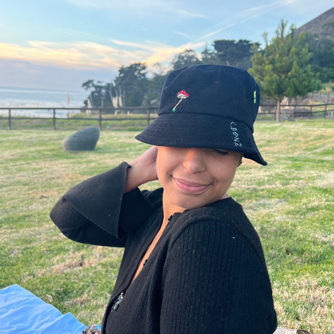Embroidered Bucket Hat in Black by Esalen x C.Bonz