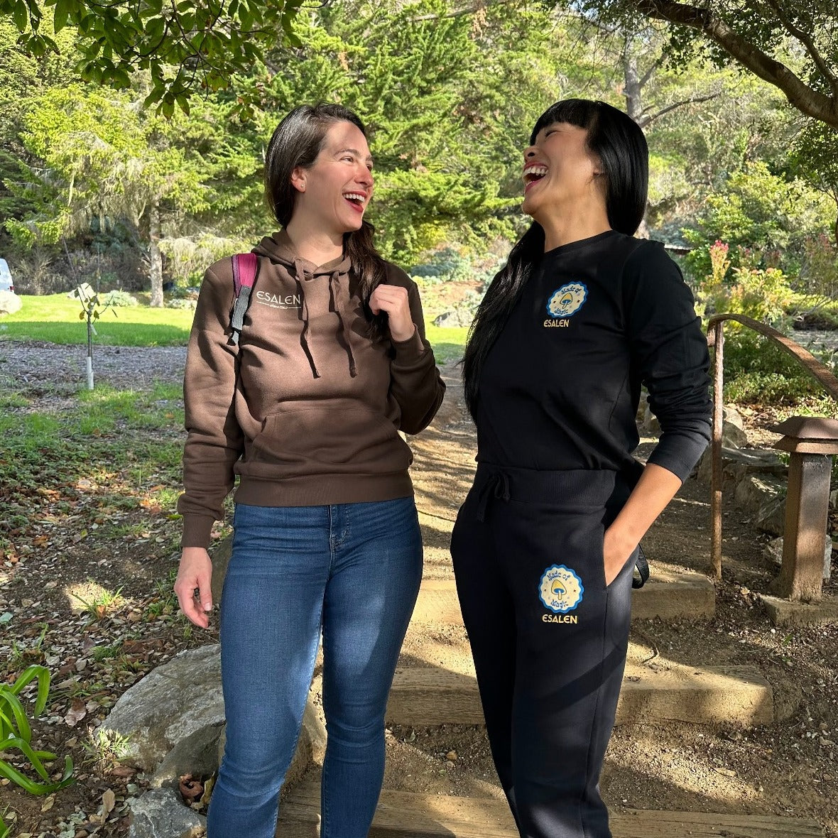 Esalen Apparel - Made of Magic Fleece Sweatpant in Black on staff member laughing  with friend 
