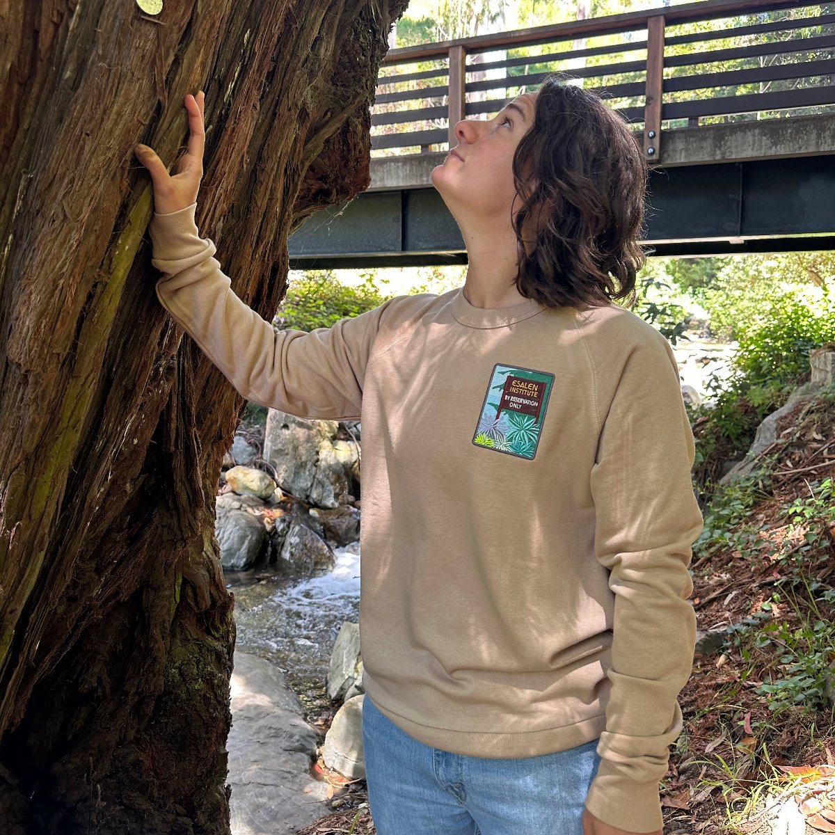 Esalen Apparel & Accessories - Esalen Embroidered Reservations Only Sweatshirt in Tan on staff member