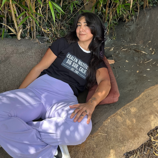 Esalen Apparel & Accessories - Esalen Hwy 1 Sign Vintage Rock T-Shirt in Black on staff member