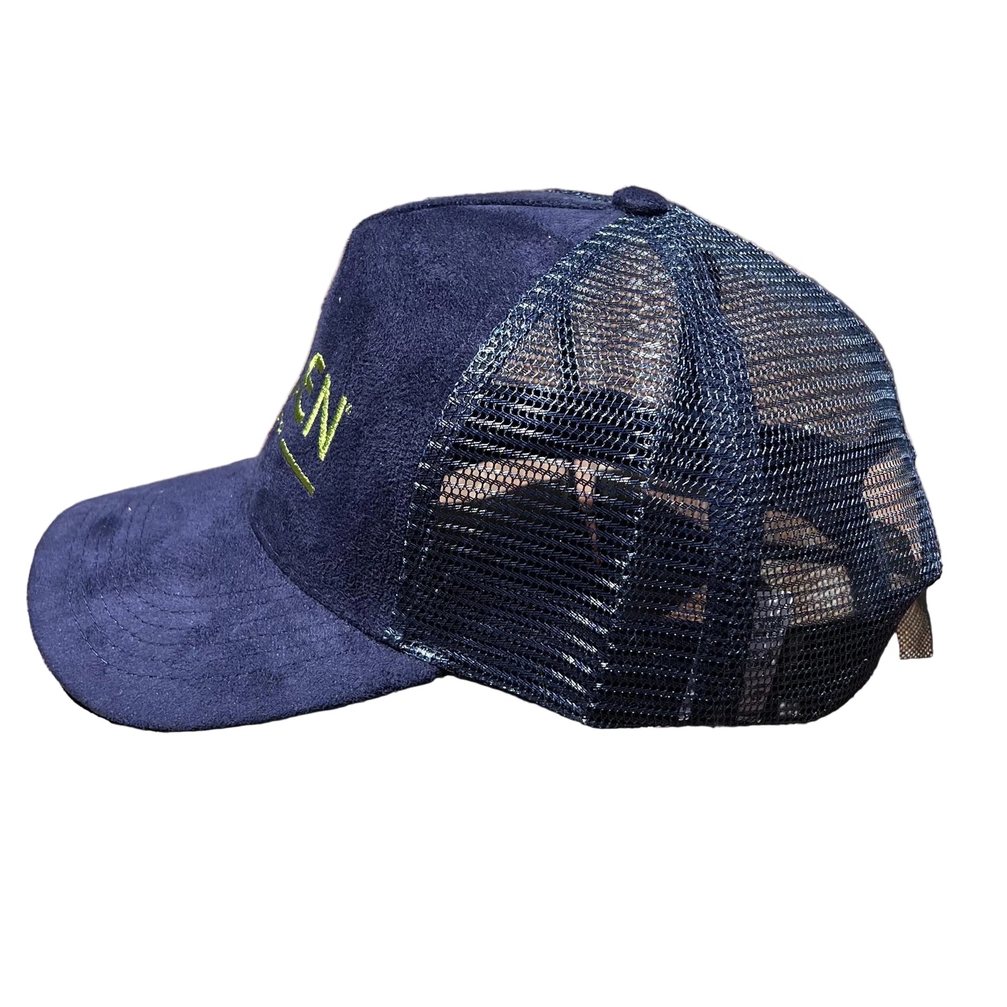 Esalen Since 1962 Logo Suede Trucker Hat in Navy Blue