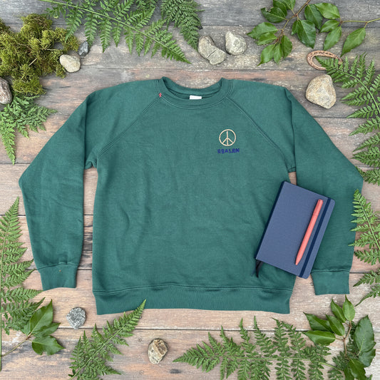 Embroidered Peace Symbol Sweatshirt in Pine Green - ISBMS x Esalen