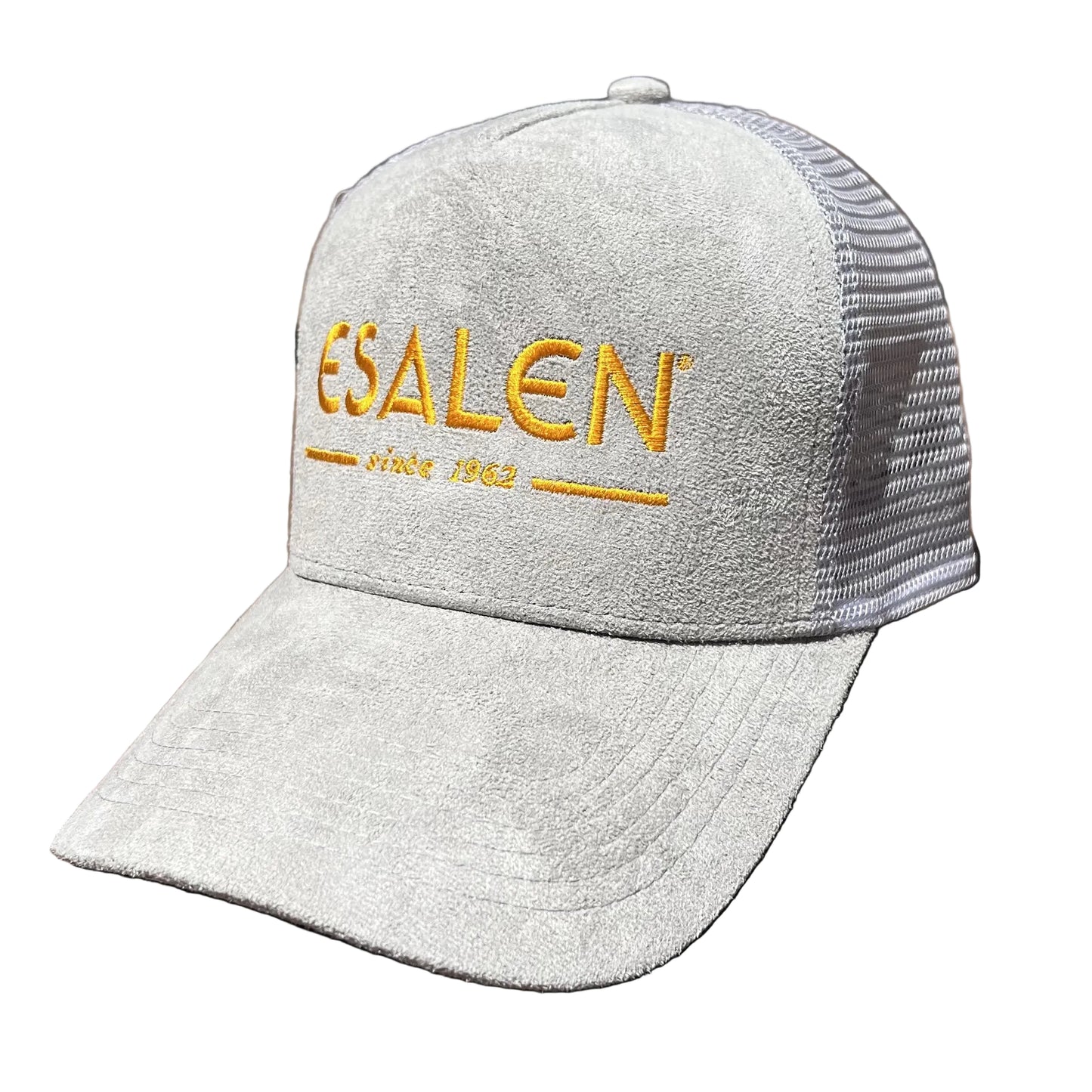 Esalen Since 1962 Logo Suede Trucker Hat in Soft Grey
