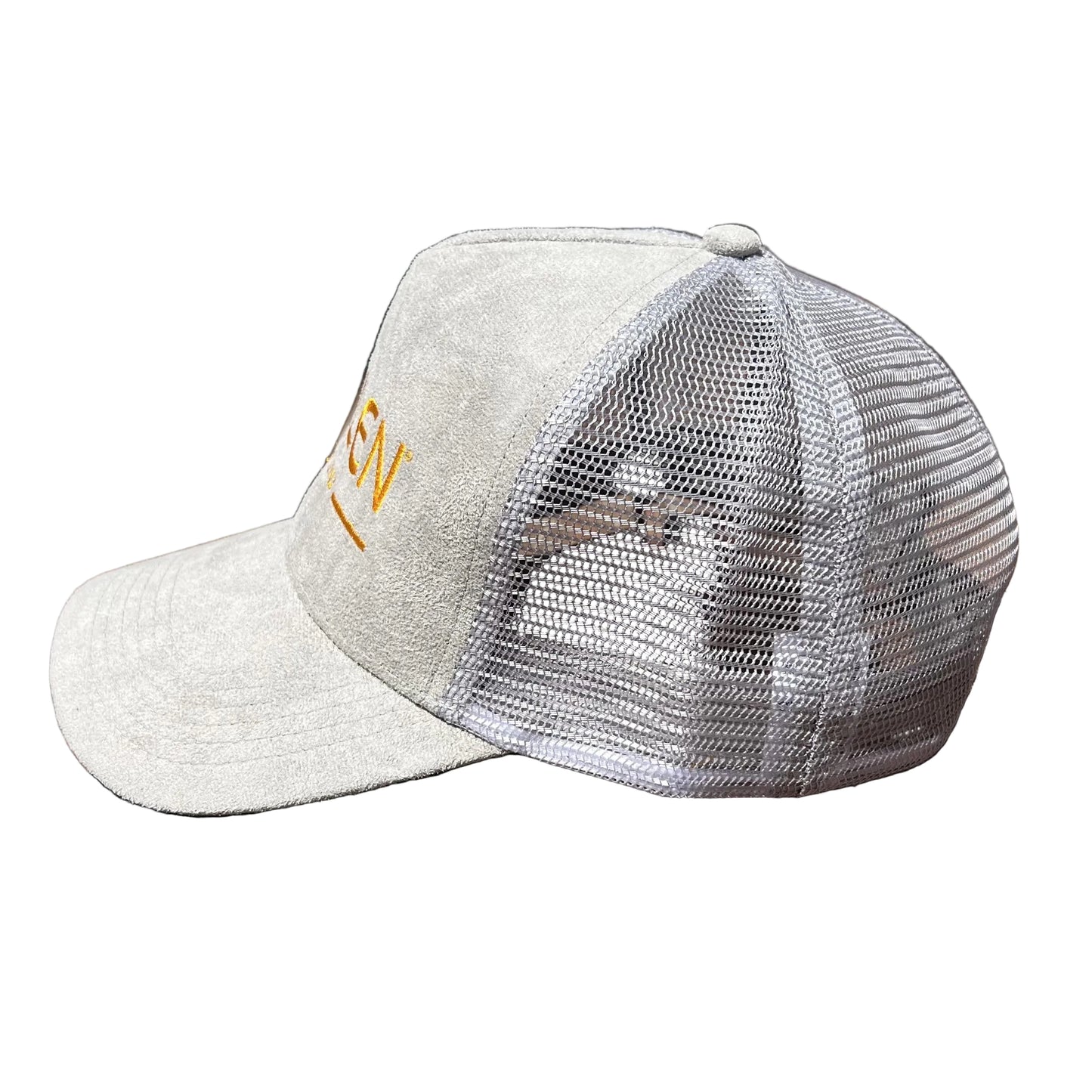 Esalen Since 1962 Logo Suede Trucker Hat in Soft Grey