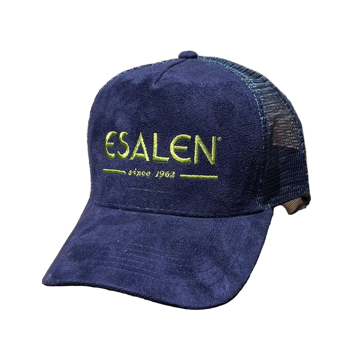 Esalen Since 1962 Logo Suede Trucker Hat in Navy Blue