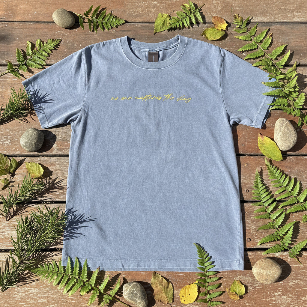 Esalen No One Captures the Flag Embroidered T'Shirt in Denim Blue